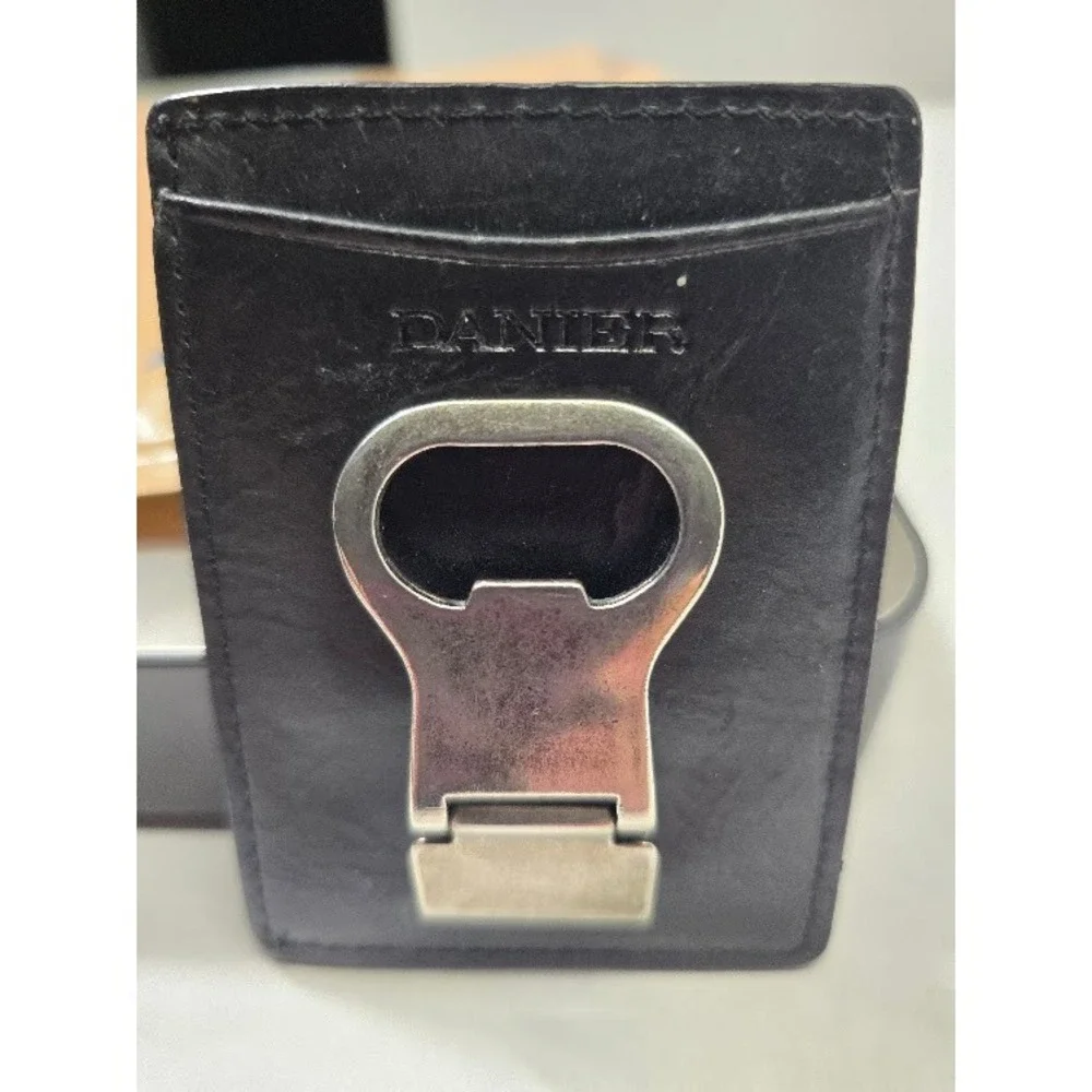 Danier Card Holder Mens Black Leather Bottle Opener Slim Wallet